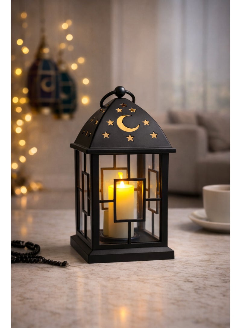 Black Acrylic Ramadan Lantern 27 Cm Lighted – Battery Operated – Shelf & Hanging Decor - Image 2